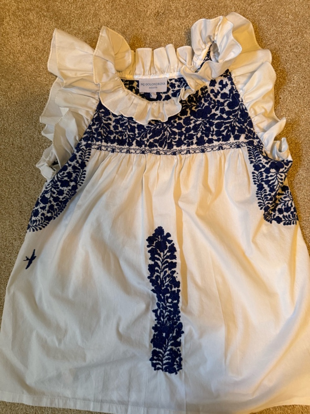 MI Golondrina embroidered White Top with Navy Floral Trim